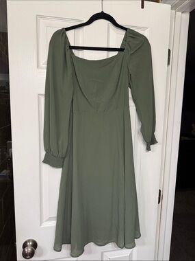 Baltic Born Olive Green Long Sleeve Square Neck Midi Dress with Smocked Cuffs